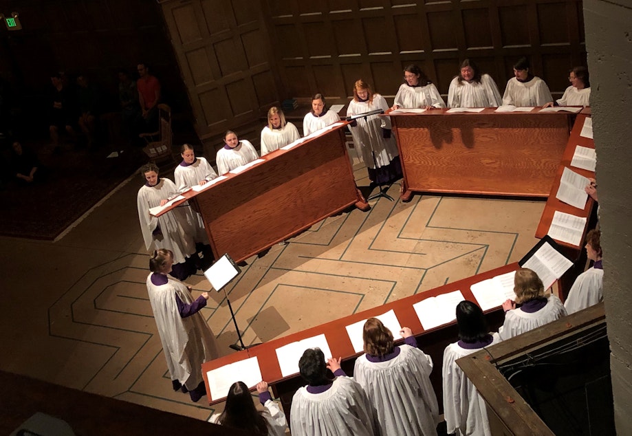 caption: Rebekah Gilmore leads first-ever Women's Compline Choir at St. Mark's Cathedral in Seattle.