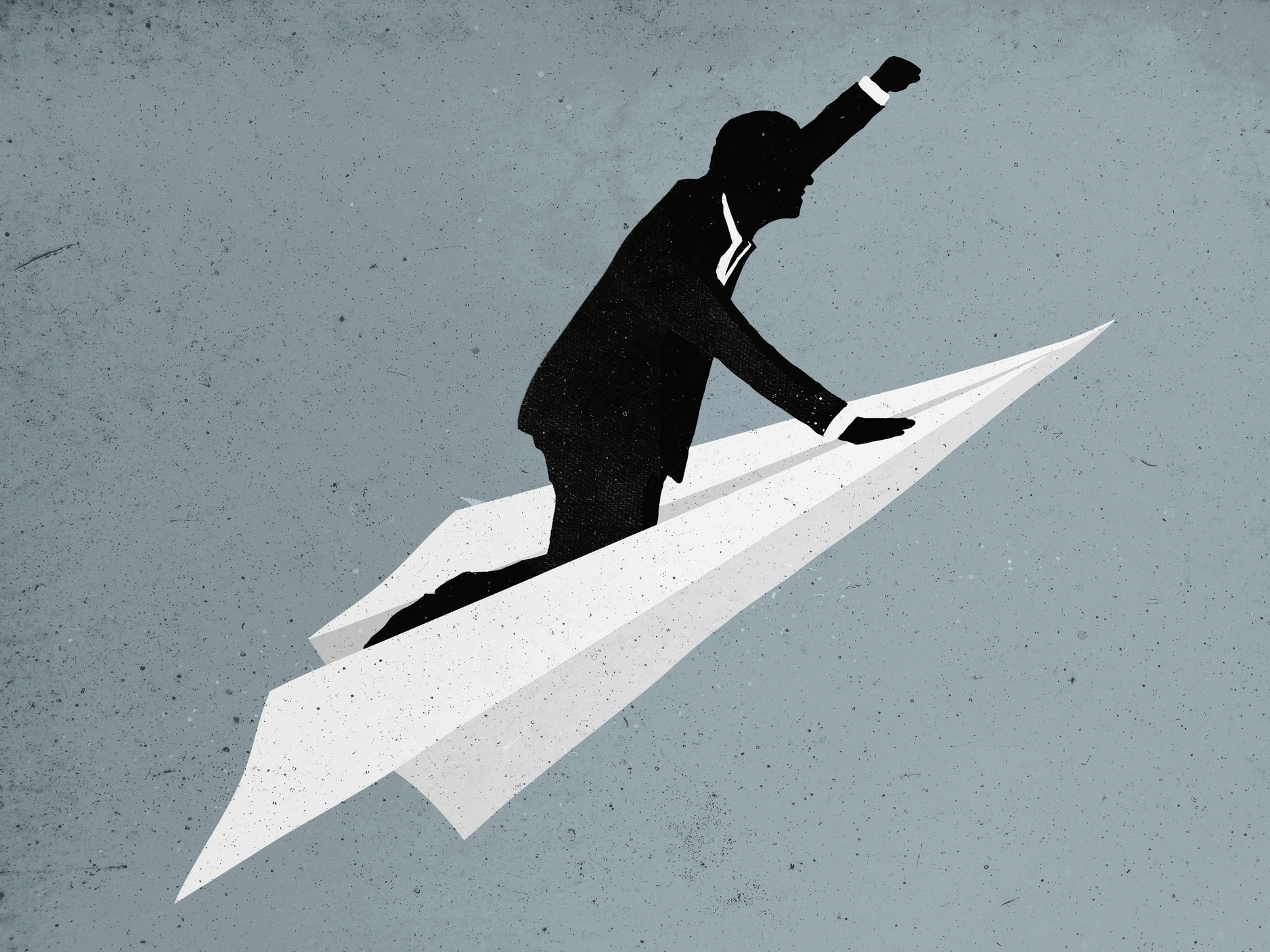 man flying on a paper airplane