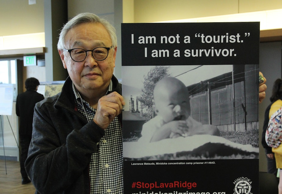 caption: Lawrence Matsuda, born inside Camp Minidoka, at public comment session regarding Lava Ridge Wind Project.