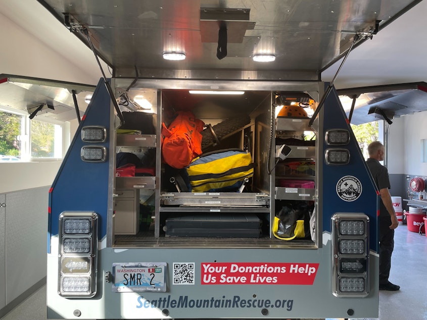 caption: Seattle Mountain Rescue’s trucks rear storage includes a levy for carrying people out of rescue operations.