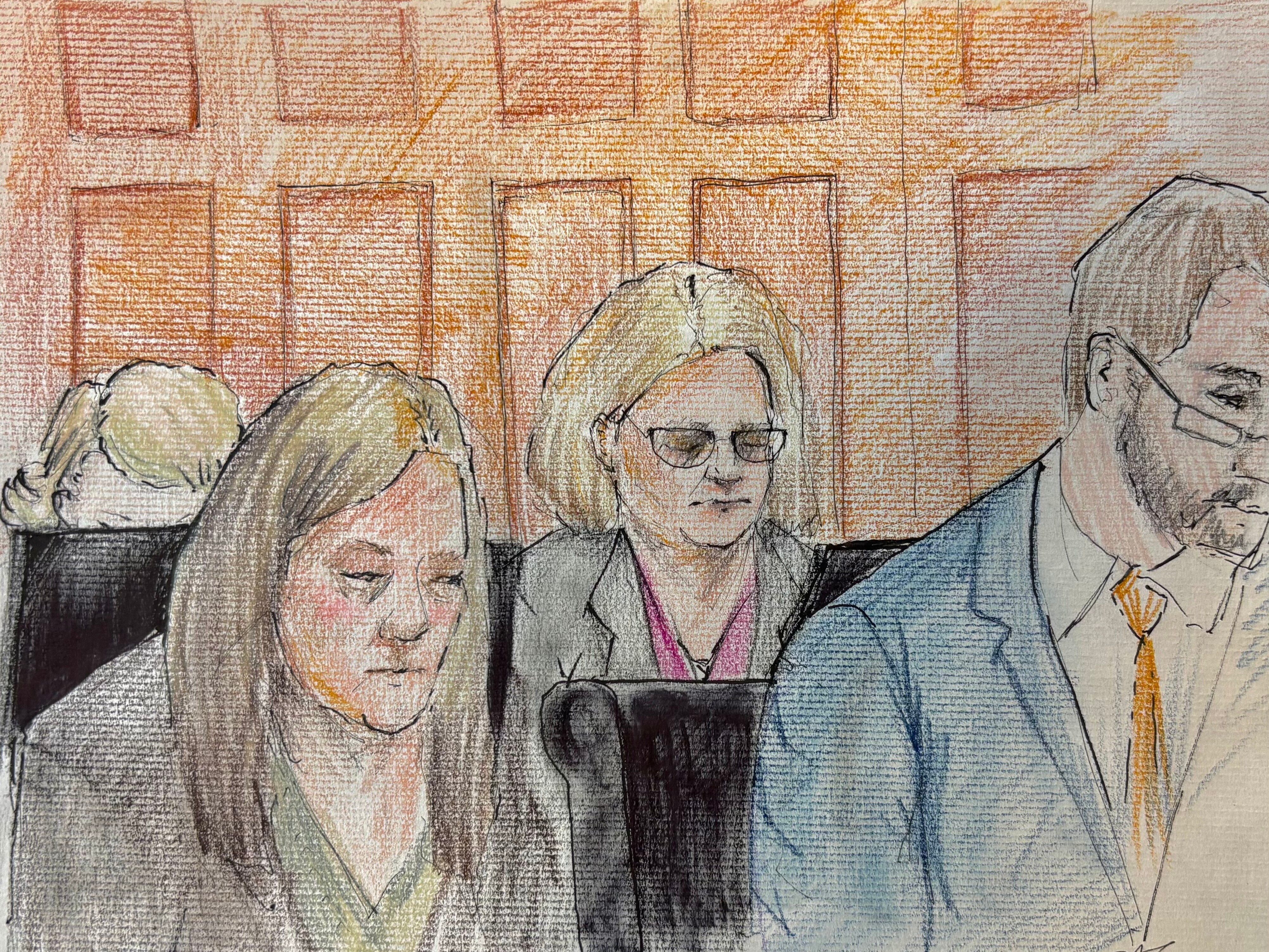 caption: Milwaukee County Circuit Judge Hannah Dugan, center, depicted in a court sketch as jury selection in her trial begins in Milwaukee, Wis.