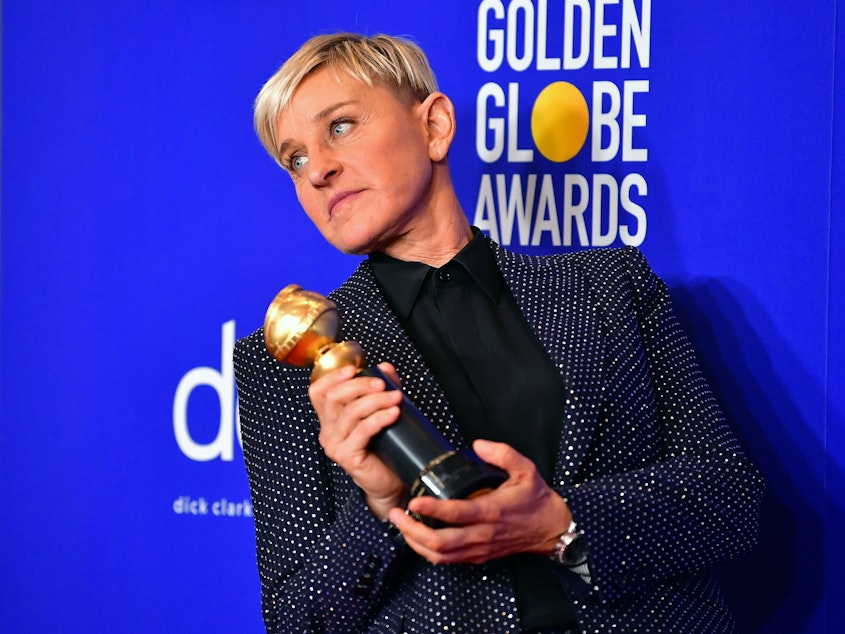 caption: Ellen DeGeneres, posing at the Golden Globe Awards in January.