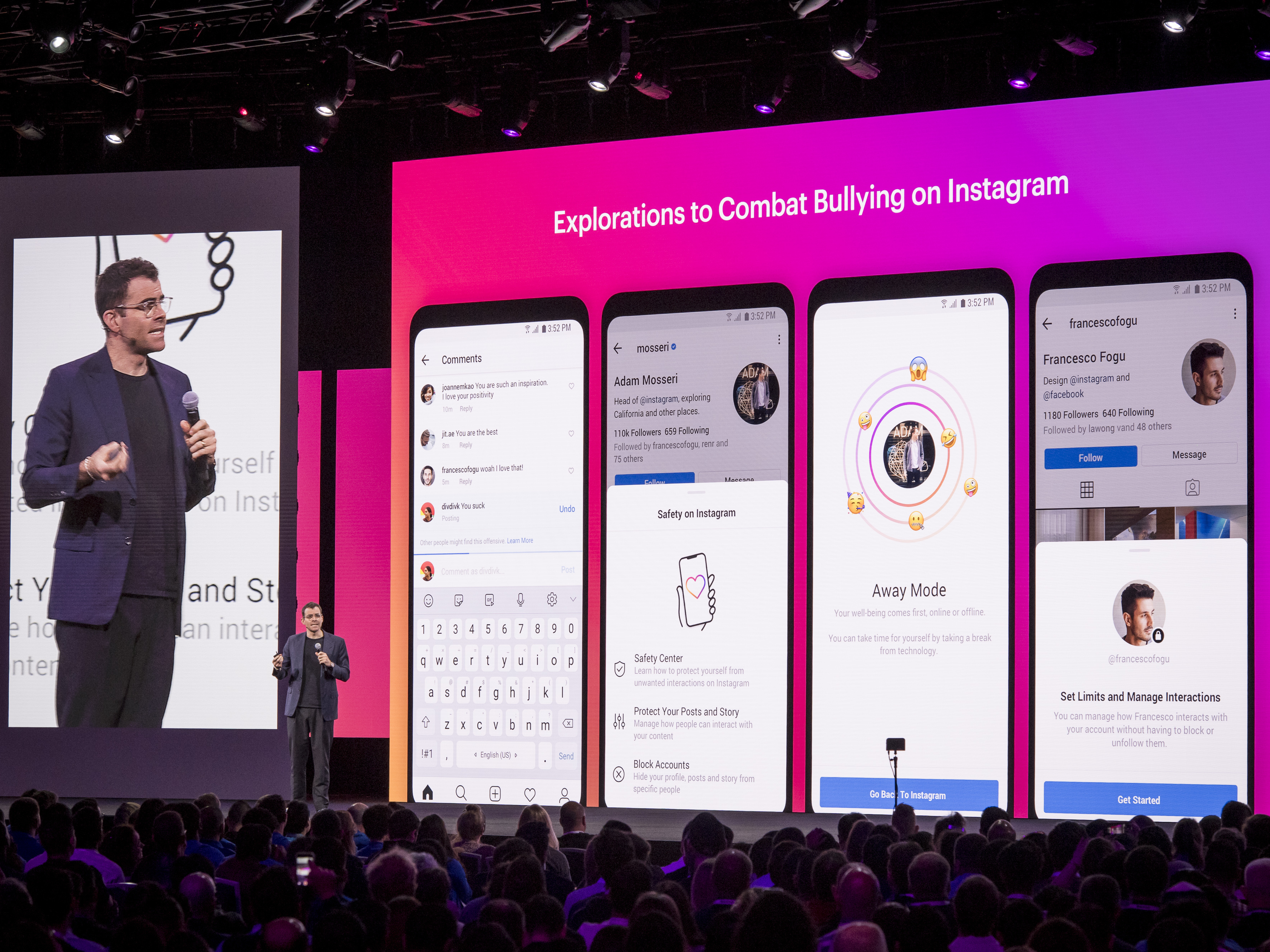 caption: Adam Mosseri, head of Instagram, speaks at the F8 Developers Conference in San Jose, Calif., April 30, about the social media platform's anti-bullying efforts.