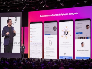 caption: Adam Mosseri, head of Instagram, speaks at the F8 Developers Conference in San Jose, Calif., April 30, about the social media platform's anti-bullying efforts.