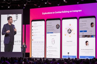 caption: Adam Mosseri, head of Instagram, speaks at the F8 Developers Conference in San Jose, Calif., April 30, about the social media platform's anti-bullying efforts.