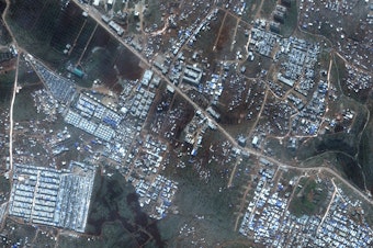 caption: Deir Hassan, Syria, is shown in February 2019 (left) and February 2020.