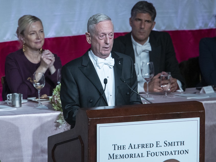 caption: Former U.S. Secretary of Defense Jim Mattis delivers the keynote address during the 74th Annual Alfred E. Smith Memorial Foundation Dinner on Thursday in New York.
