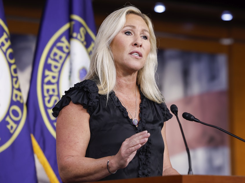 caption: U.S. Rep. Marjorie Taylor Greene (R-GA) speaks at a press conference at the U.S. Capitol Building on May 18, 2023 in Washington, DC. During the news conference Greene announced that she would be filing articles of impeachment against U.S. President Joe Biden.