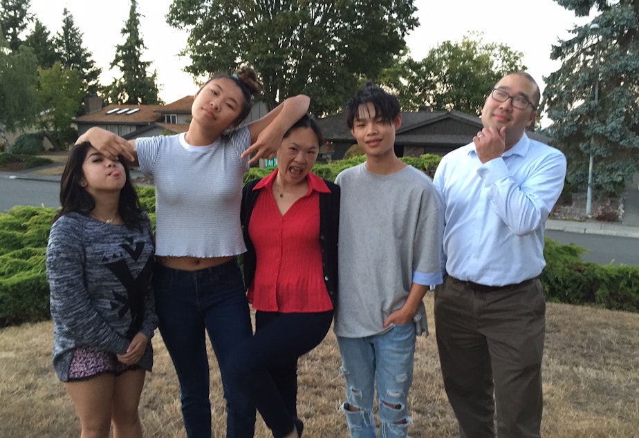 caption: April Reyes (far left) with the family who took her in. From left to right: Mariya Manuel, Tanya Kim, Tamar Manuel and Alan Lee