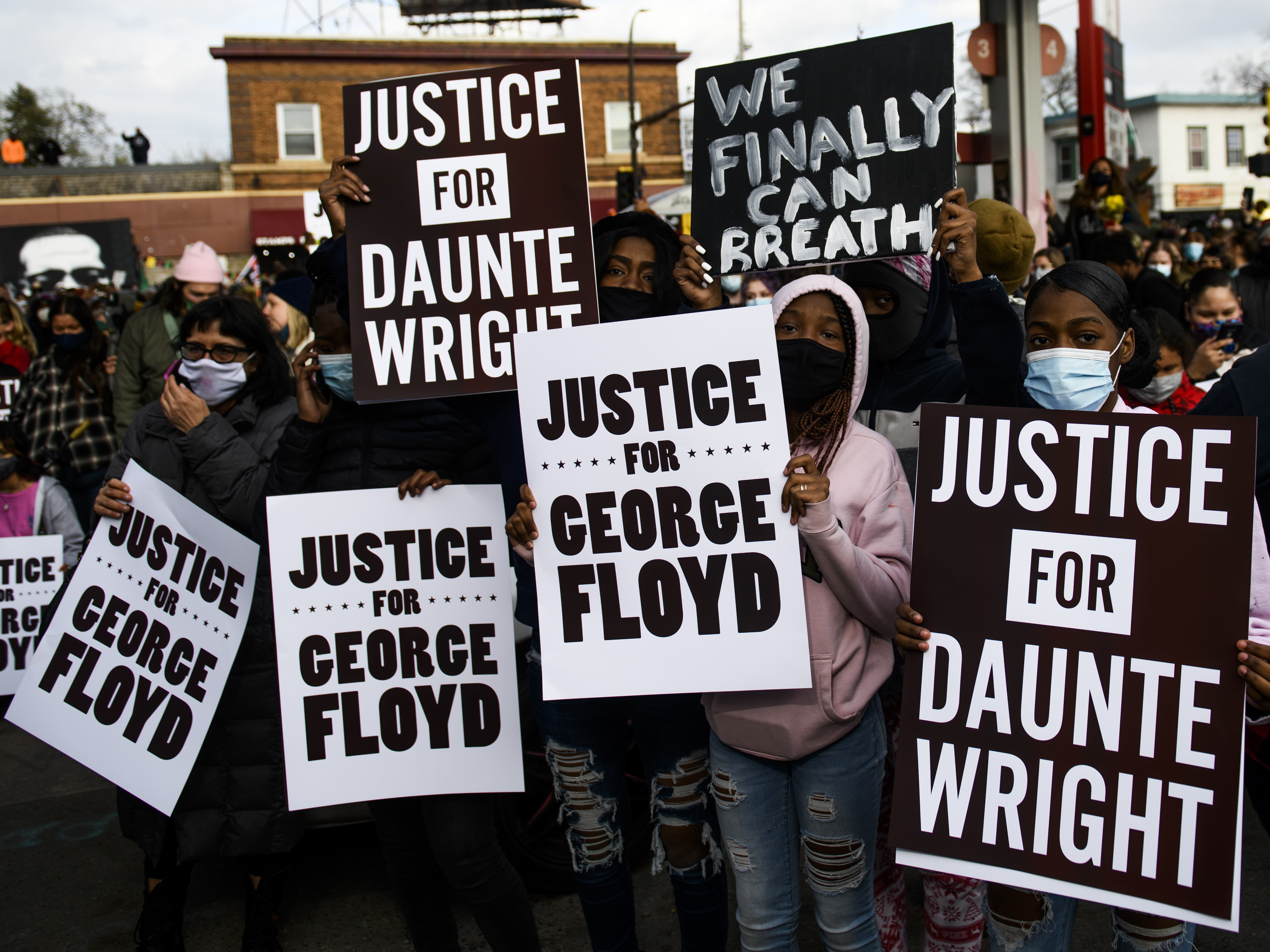 caption: People celebrate at George Floyd Square in Minneapolis after the guilty verdict in the Derek Chauvin murder trial on Tuesday.