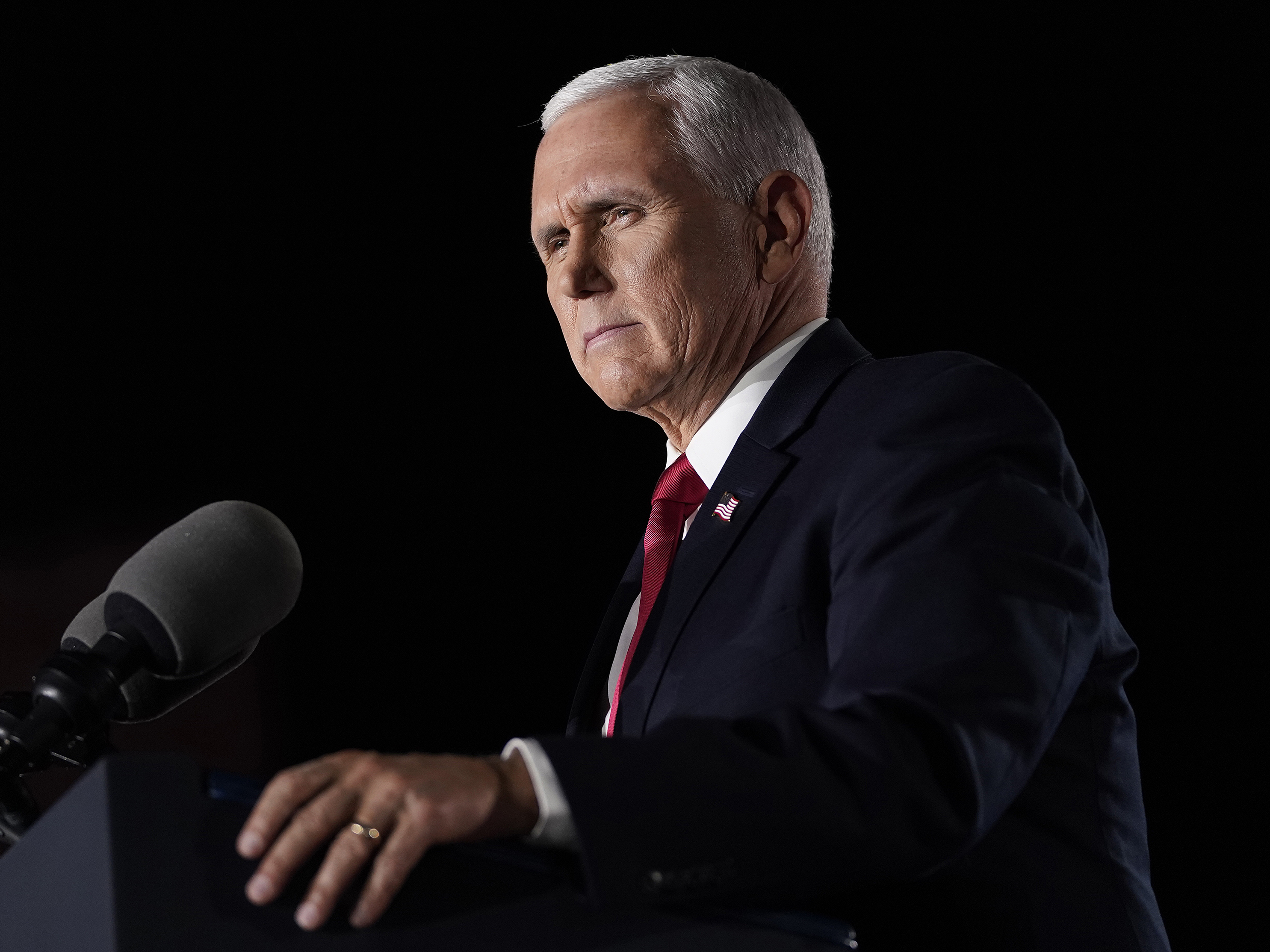 caption: Mike Pence accepts the vice presidential nomination during the Republican National Convention from Fort McHenry National Monument on Aug. 26, 2020 in Baltimore, Md.