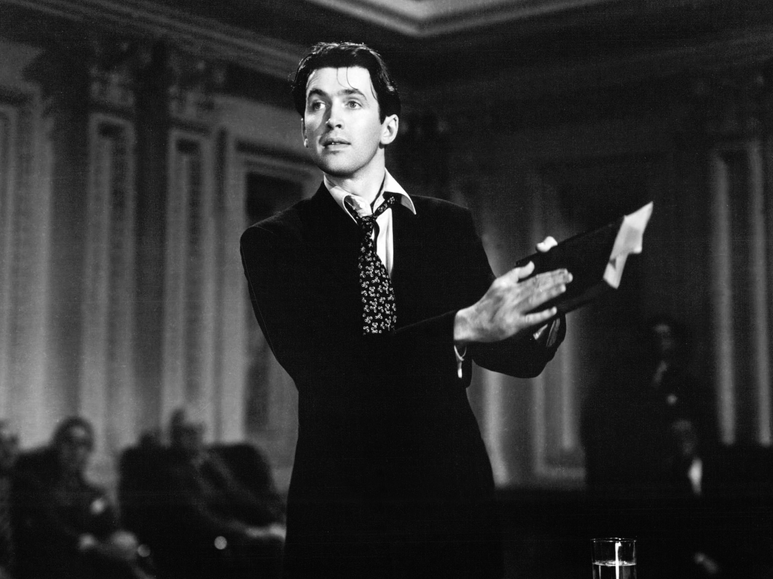 caption: Jimmy Stewart as Jefferson Smith in <em>Mr. Smith Goes to Washington</em>, directed by Frank Capra, 1939.