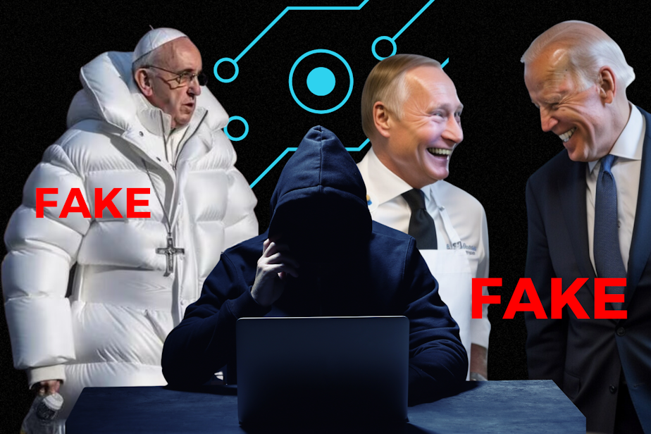caption: A hooded figure shrouded in shadows sits at a laptop. The person is flanked by fake images of Pope Francis in a stylish puffy coat and President Joe Biden laughing with Russian President Vladimir Putin. The images of the pope and the presidents are marked "FAKE" in bold red letters.