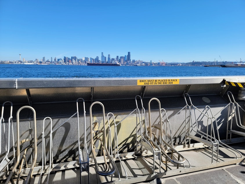 caption: A row of bike racks on the West Seattle Water Taxi on Friday, Oct. 6, 2023.