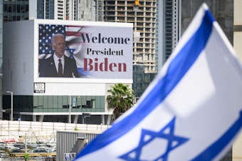 caption: A digital billboard in Tel Aviv welcomes U.S. President Joe Biden to Israel on Wednesday.