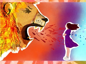 An image showing a roaring lion and a woman facing it, conveying the idea of acknowledging and processing anger.