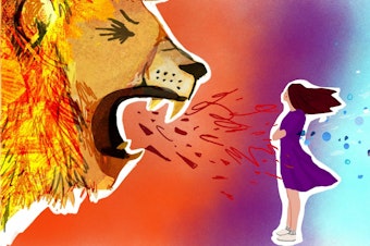 An image showing a roaring lion and a woman facing it, conveying the idea of acknowledging and processing anger.