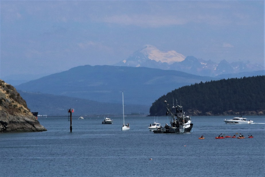 caption: The Aleutian Isle prepares to head out to sea after its support skiff towed it away from Cap Sante Marina in Anacortes on Aug. 12, with Mount Baker in the background.