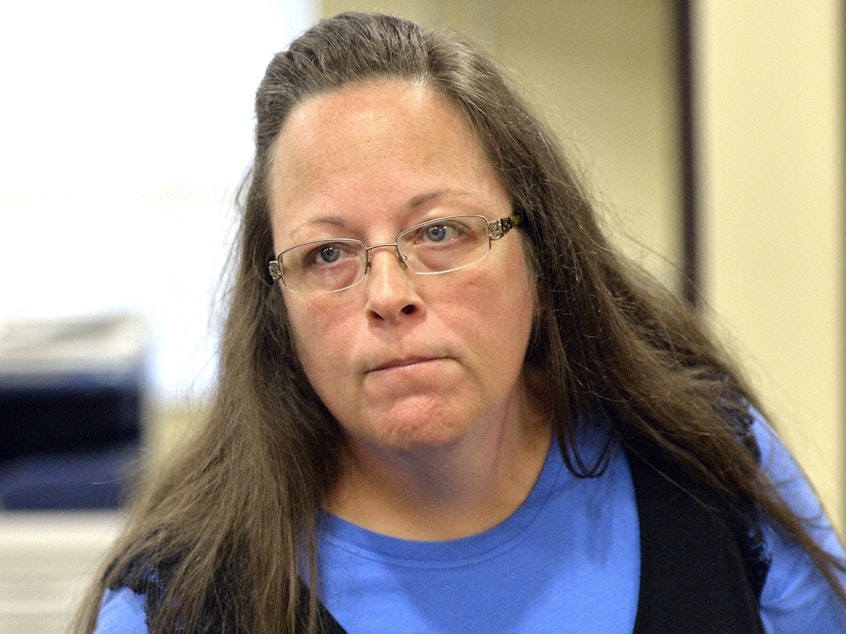 caption: Kim Davis, the former clerk in Rowan County, Ky., was ordered to pay damages to a couple whom she denied a marriage license. Davis is seen here in 2015.