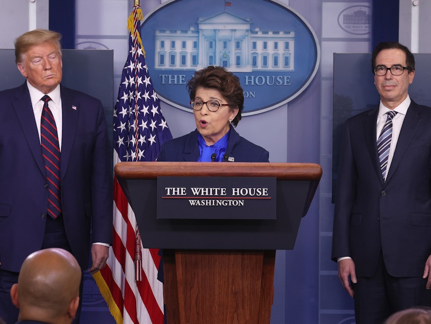 caption: Small Business Administration chief Jovita Carranza speaks at the White House as President Trump and Treasury Secretary Steven Mnuchin look on. Some small business owners are facing delays in applying for a new loan program.