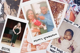 caption: Photo collage of the photos featured in this story, including Sydney Belden singing on stage (far left), Jessica Beecher's college graduation, and a baby Eva Solorio.