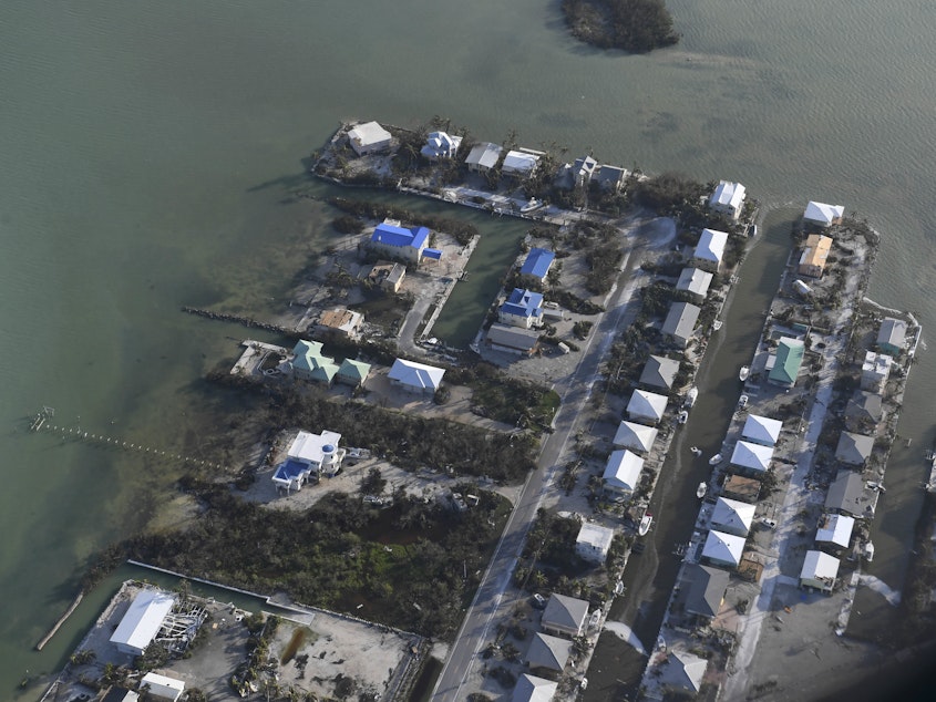 caption: Hurricane Irma damaged homes in the Florida Keys in 2017. A new study finds buildings in the contiguous U.S. are concentrated in disaster-prone areas.