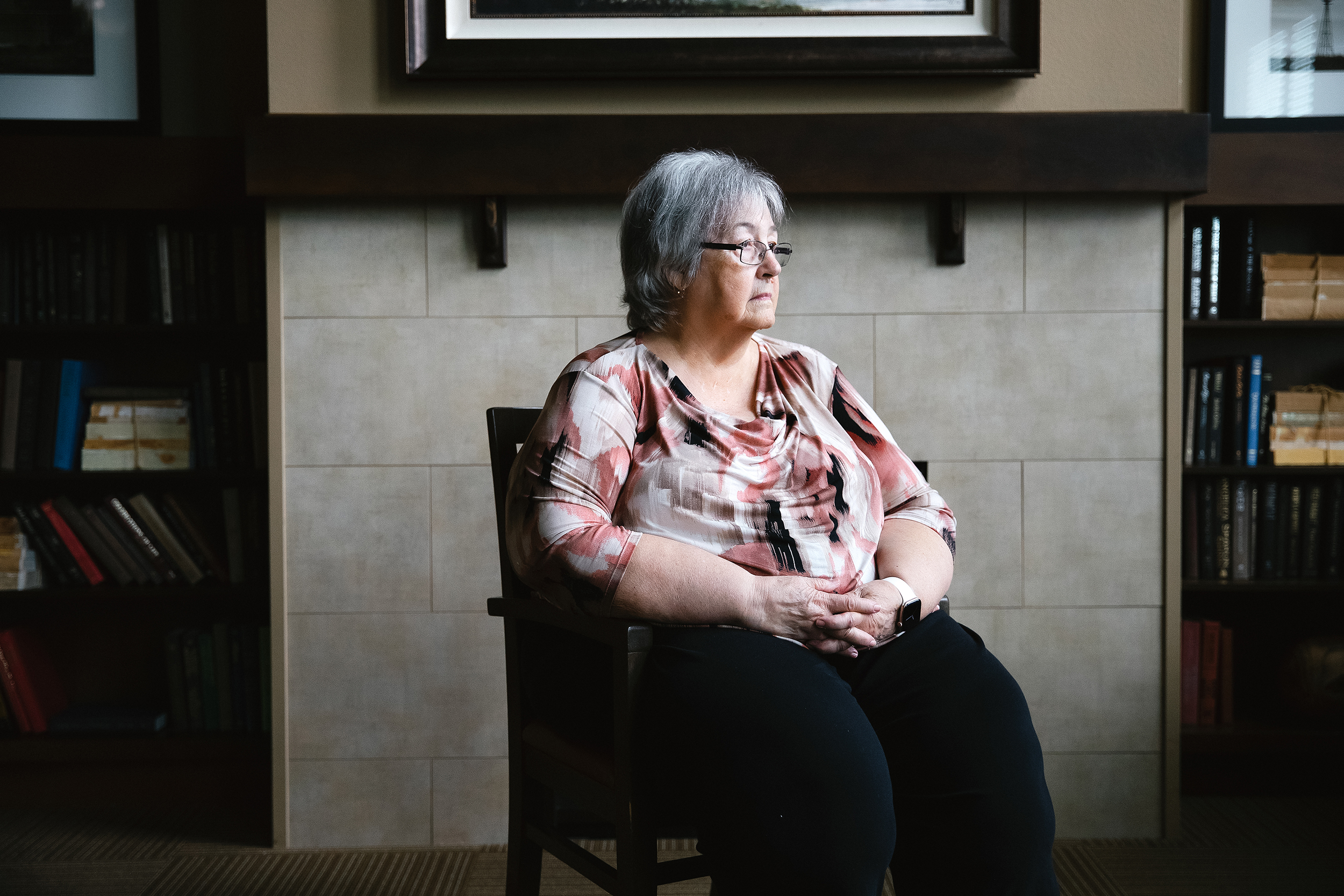 caption: Gail Nigro, 75, is portrayed on Thursday, July 31, 2025, in her apartment building in Marysville, Washington. 