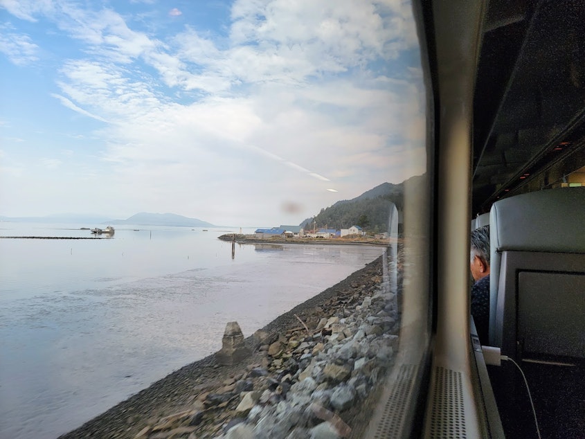 caption: The first Amtrak Cascades chugs up the coast to Canada on Monday, September 27, 2022. 