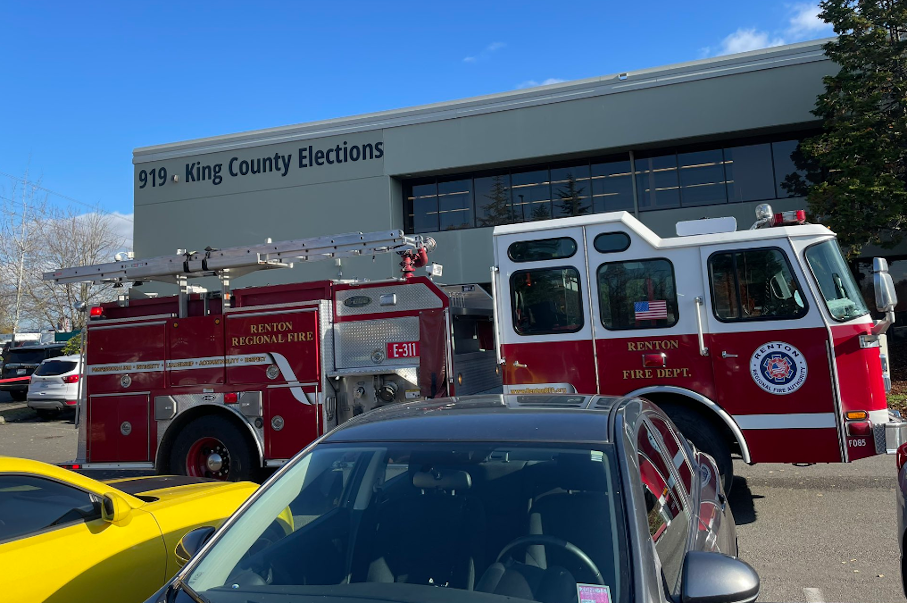 firetruck in front of King County Elections office