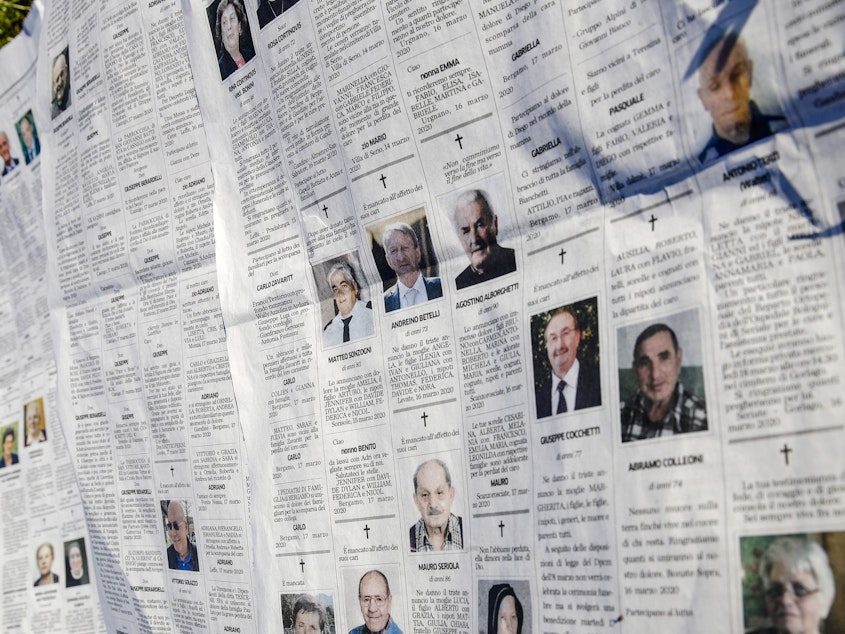 caption: The obituaries section of local newspaper Eco di Bergamo stretched several pages long earlier this week at the heart of the hardest-hit province in Italy's hardest-hit region of Lombardy.
