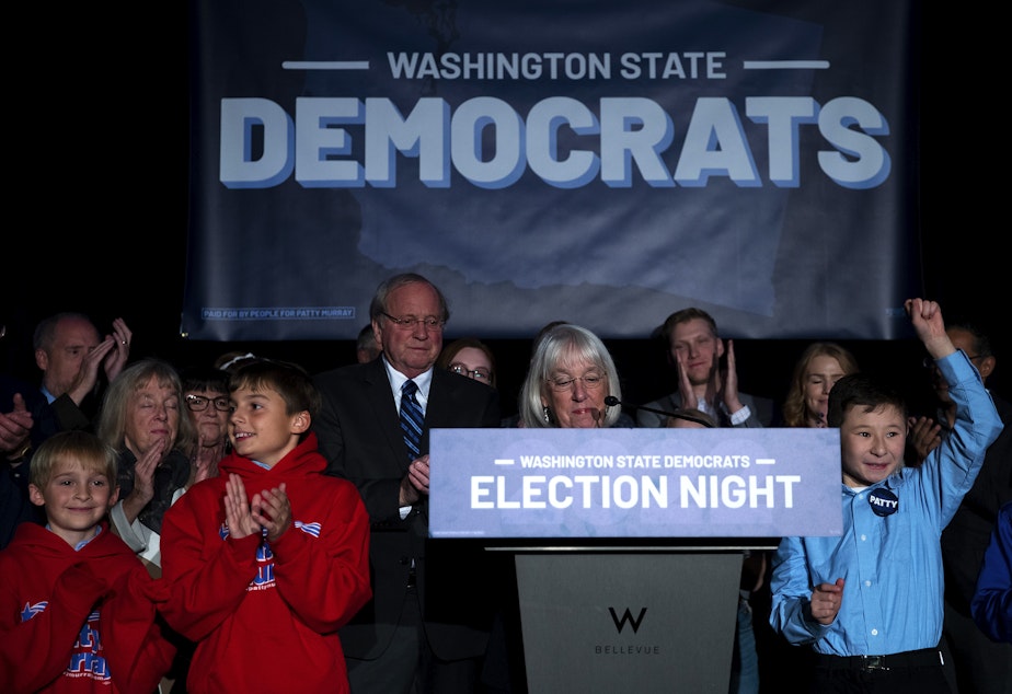 caption: Senator Patty Murray speaks to a crowd of supporters with her family, on Tuesday, November 8, 2022, at an election night party at the Westin in Bellevue. 