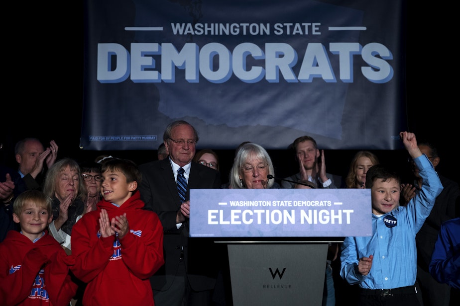 caption: Senator Patty Murray speaks to a crowd of supporters with her family, on Tuesday, November 8, 2022, at an election night party at the Westin in Bellevue. 