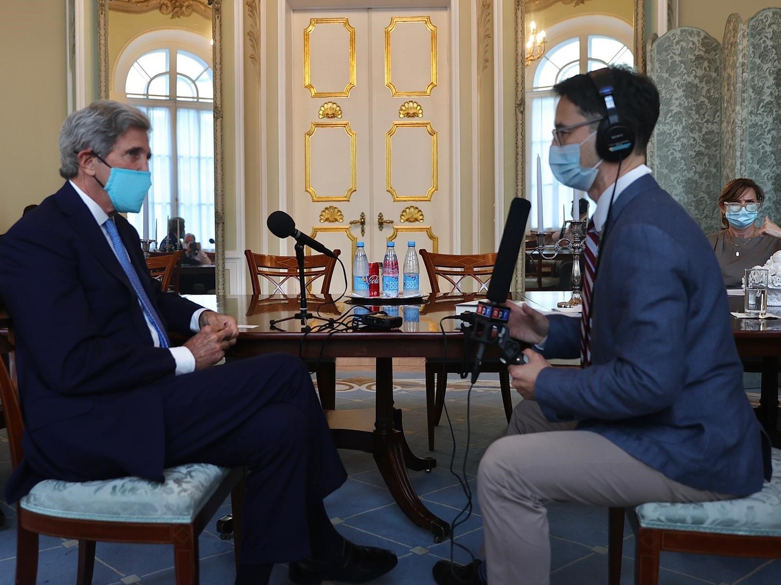 caption: Kerry gets interviewed by NPR's Lucian Kim on Wednesday at Spaso House, the official Moscow residence of the U.S. ambassador to Russia.