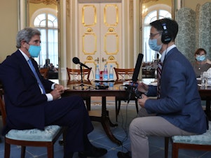 caption: Kerry gets interviewed by NPR's Lucian Kim on Wednesday at Spaso House, the official Moscow residence of the U.S. ambassador to Russia.