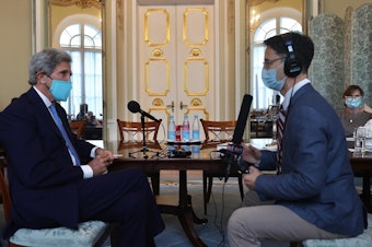 caption: Kerry gets interviewed by NPR's Lucian Kim on Wednesday at Spaso House, the official Moscow residence of the U.S. ambassador to Russia.