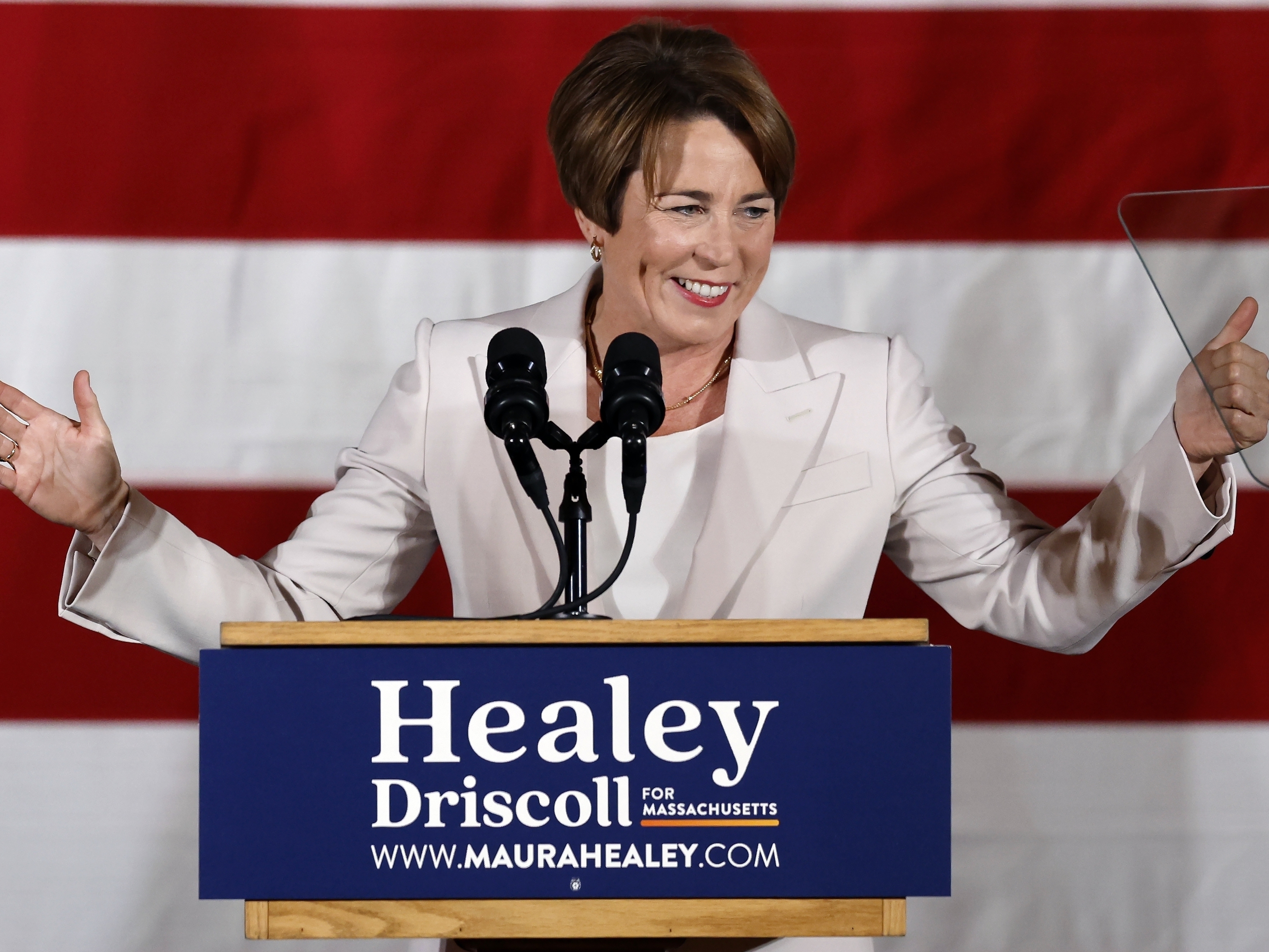 caption: Massachusetts governor-elect Maura Healey speaks during a Democratic election night party on Tuesday in Boston. She is the first elected female governor in Massachusetts and the nation's first openly lesbian governor.