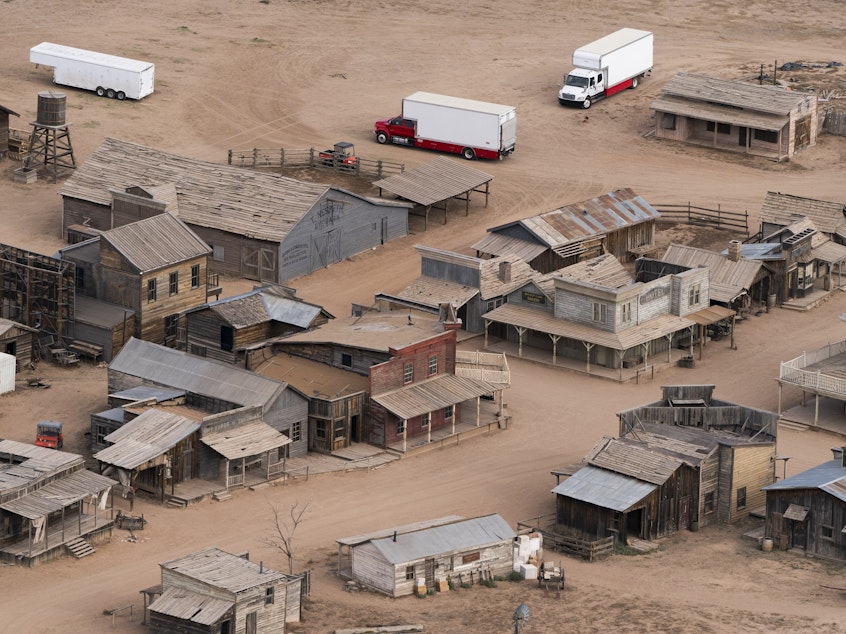 caption: This aerial photo shows the Bonanza Creek Ranch in Santa Fe, N.M. Actor Alec Baldwin fired a prop gun on the set of a Western being filmed at the ranch on Oct. 21, killing the cinematographer Halyna Hutchins.