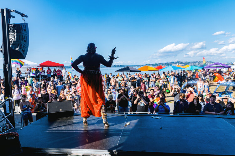 caption: From the stage at Alki Beach Pride.