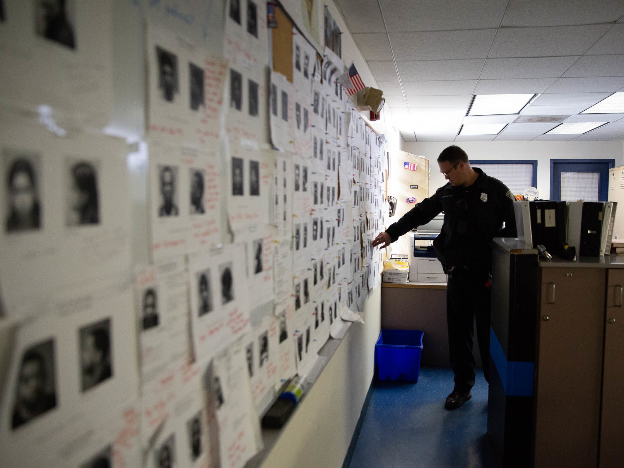 caption: Bruckhart works in the New Haven Police Department's Fair Haven substation. Like many law enforcement agencies across the country, the department doesn't have enough officers. New Haven is 100 officers short.
