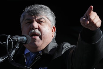 caption: AFL-CIO leader Richard Trumka addresses a 2019 rally in Washington, D.C. He had been president of the federation since 2009.