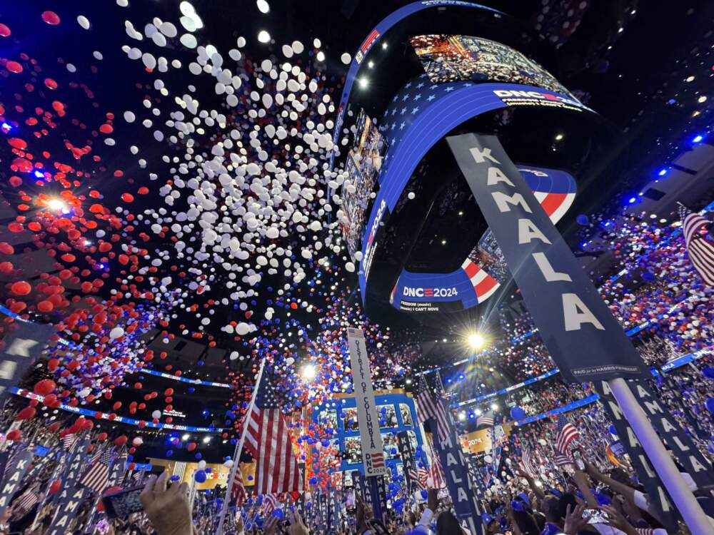 caption: The DNC during Kamala Harris' speech. (Chris Bentley/Here &amp; Now)