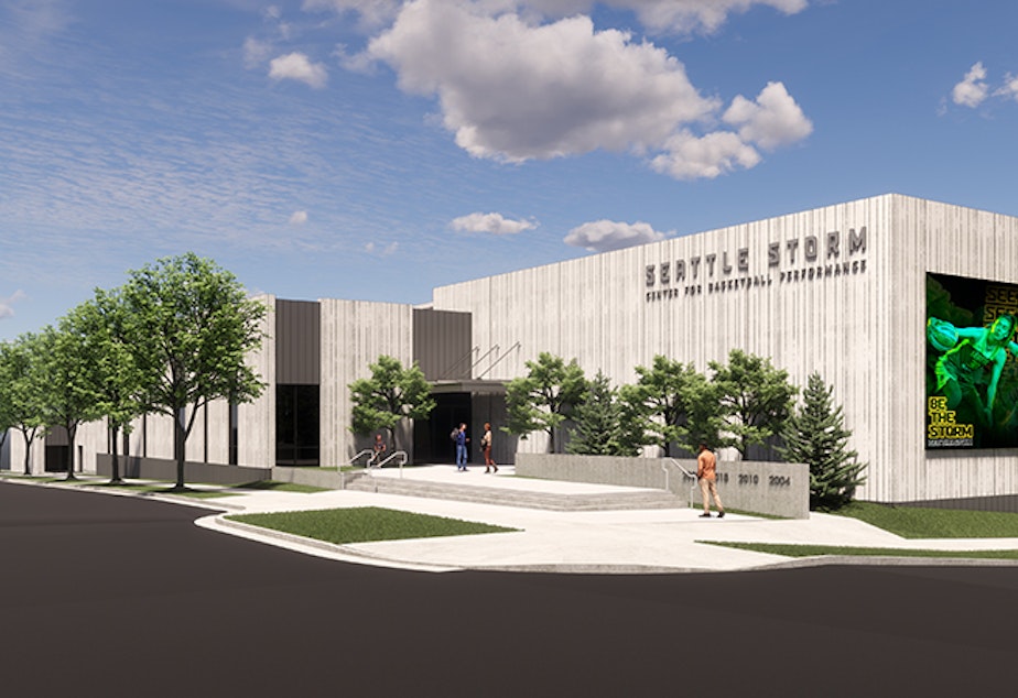 caption: Digital rendering of the entry of the Seattle Storm Center for Basketball Performance