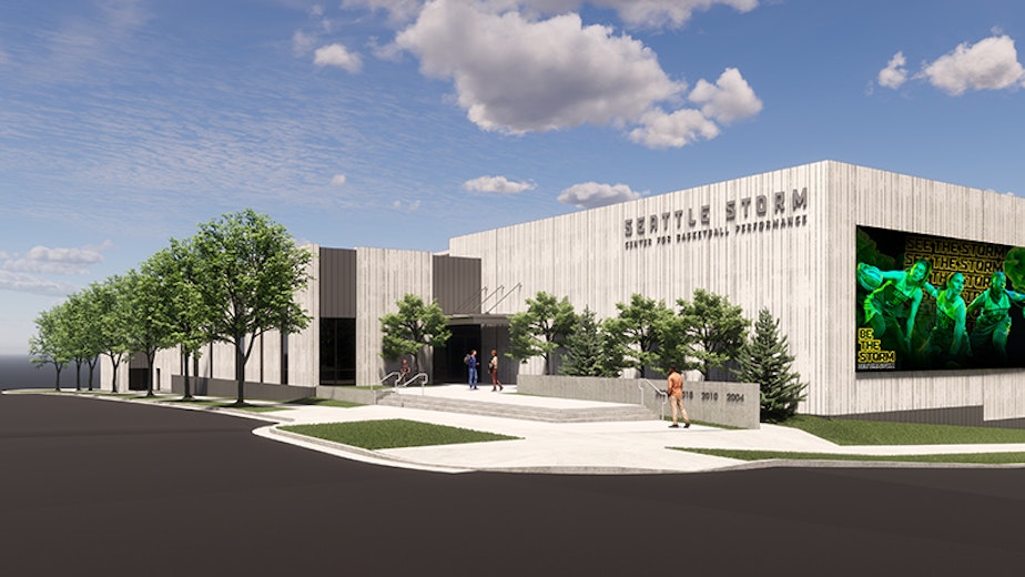caption: Digital rendering of the entry of the Seattle Storm Center for Basketball Performance