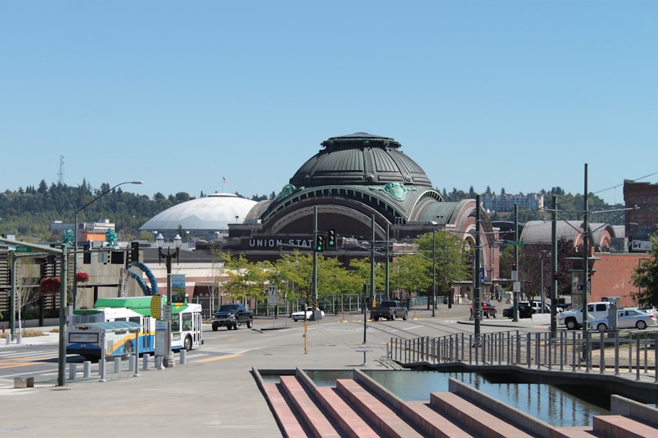 caption: File photo of Tacoma Dome and Union Station in Tacoma, Washington.