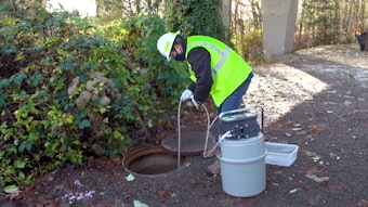 caption: A researcher siphons up wastewater from a sewer near the University of Washingon campus in 2021.