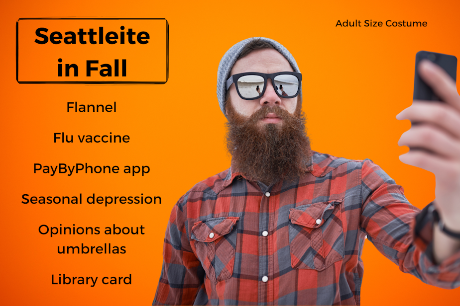 caption: A photo collage of a "Seattleite in Fall" Halloween costume, featuring a beard man in a beanie, sunglasses, and red plaid flannel looking at his phone. The items included in the costume are listed on the side: flannel, flu vaccine, PayByPhone app, seasonal depression, opinions about umbrellas, and library card. Photos courtesy of Canva.