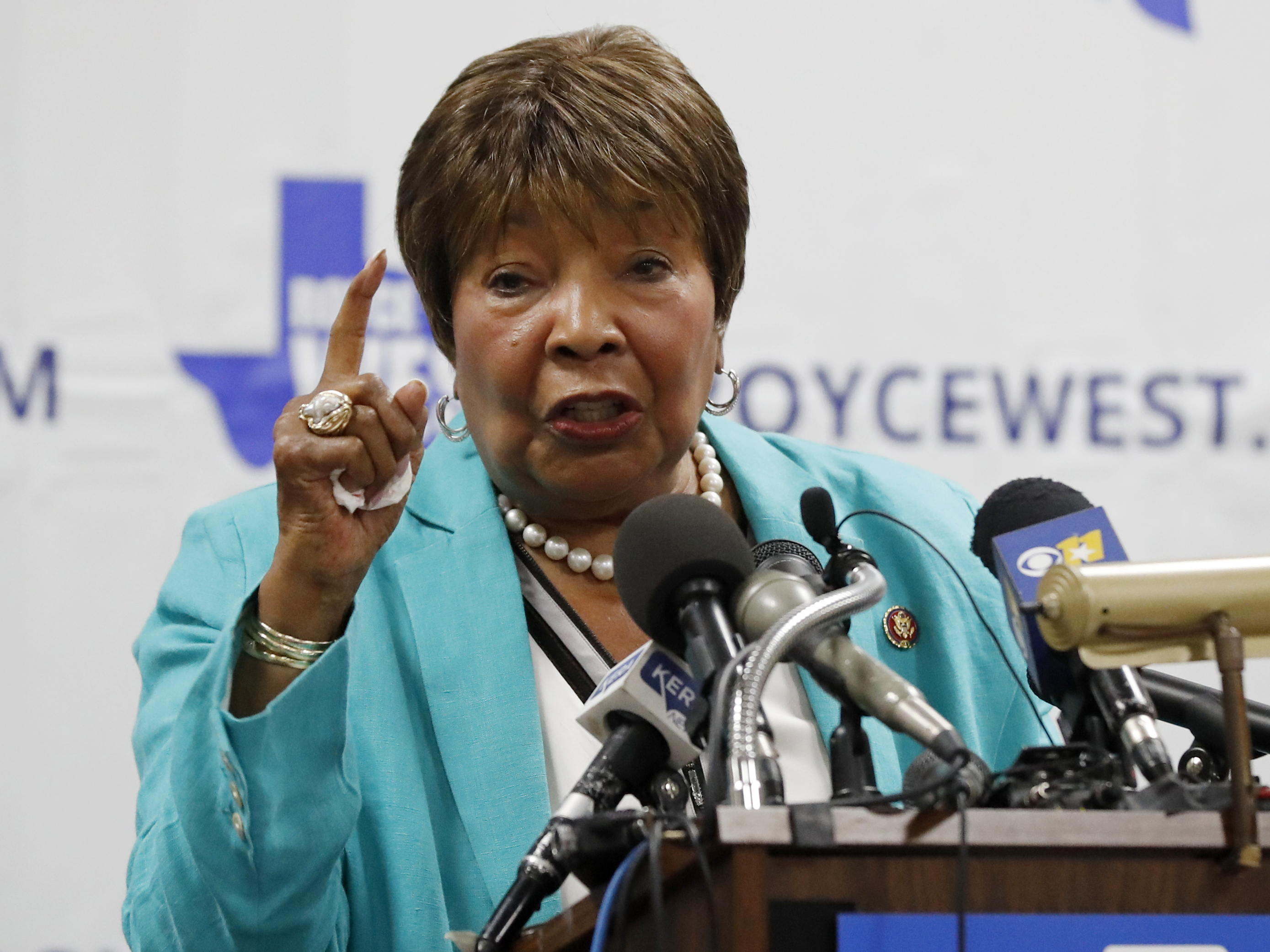 caption: Former U.S. Rep. Eddie Bernice Johnson, D-Texas, died on Sunday. Johnson, pictured in 2019, is seen introducing state Sen. Royce West at a rally where West announced his bid to run for the U.S. Senate, in Dallas.