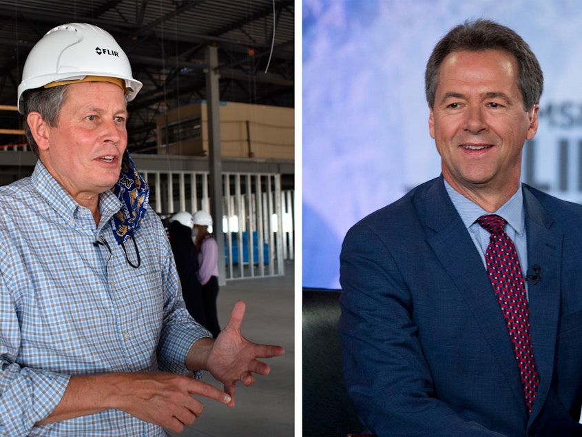 caption: Left: Incumbent Republican Sen. Steve Daines speaks at a manufacturing facility under construction in Bozeman, Mont., in September. Right: Montana Senate candidate Gov. Steve Bullock in 2019.