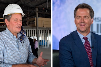 caption: Left: Incumbent Republican Sen. Steve Daines speaks at a manufacturing facility under construction in Bozeman, Mont., in September. Right: Montana Senate candidate Gov. Steve Bullock in 2019.