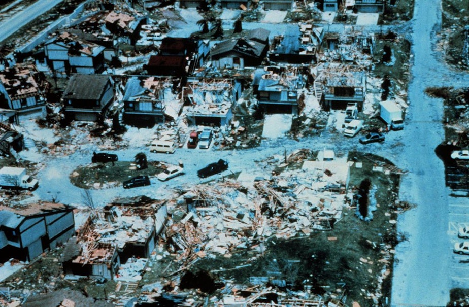 caption: An aerial photo of the devastation of Hurricane Andrew.
